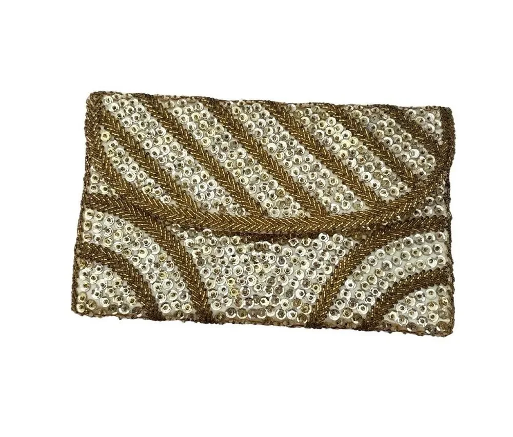 Vintage Magid Gold Sequin Beaded Evening Clutch Purse Art Deco Style